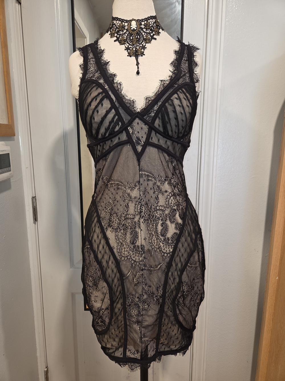 bebe Black Sheer Lace Midi Dress